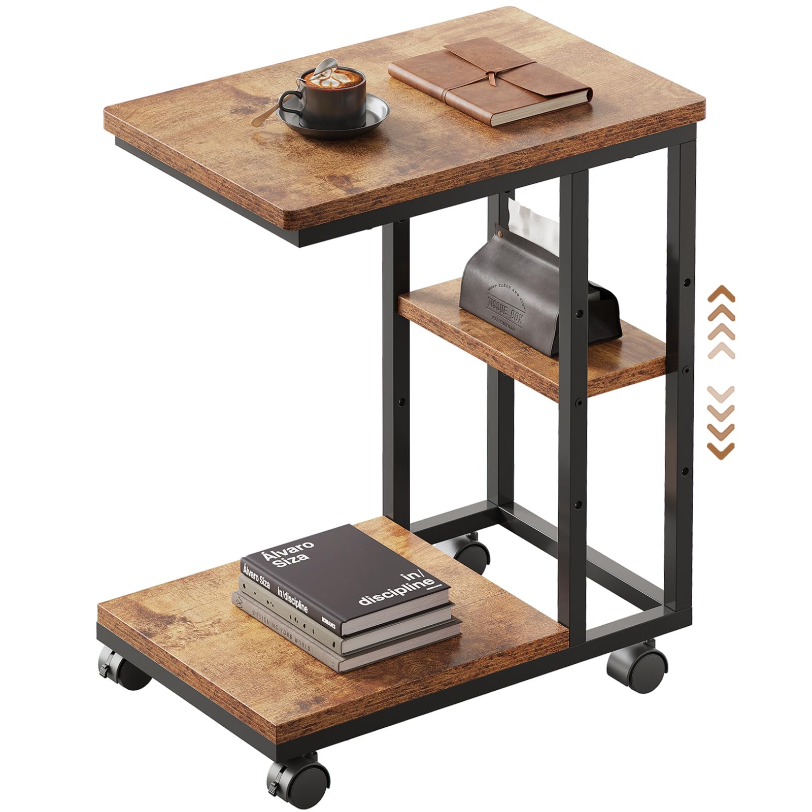 YeTom サイドテーブル キャスター付き ソファーテーブル コの字型ベッドサイドテーブル ソファテーブル 可移動ナイトテーブル 層板は調節可能 幅40×奥行29.5×高さ51.9cm（キャスター含む