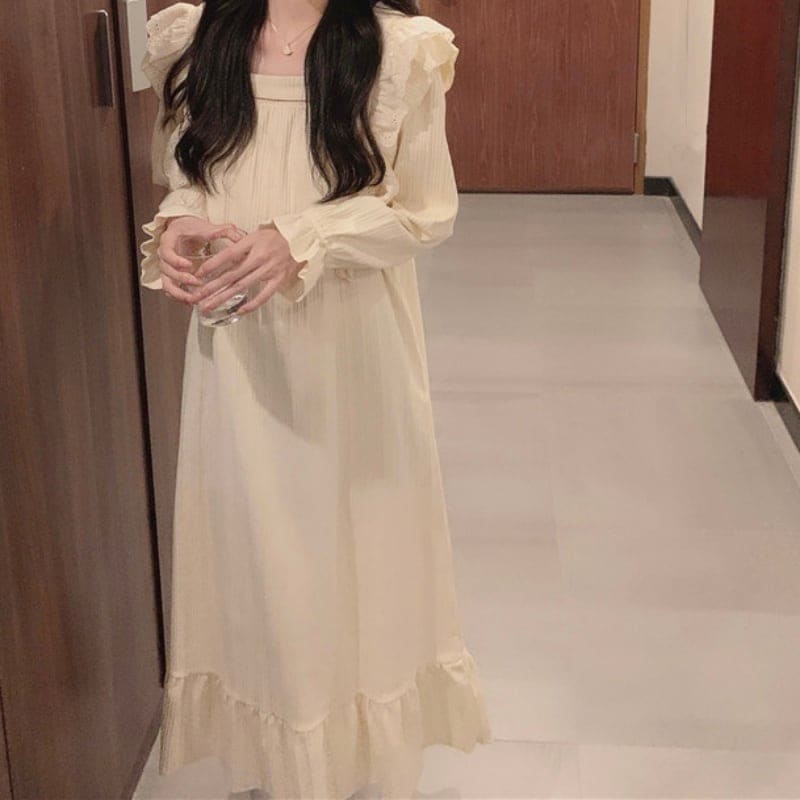 ロング丈 ネグリジェ ルームウェア 寝巻 ナイトウェア リラックスウェア フリル リブ ゆる