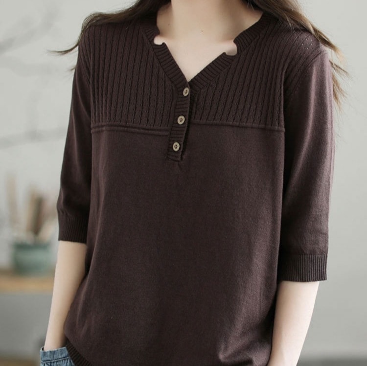 Vネックニット ルーズニットセーター カジュアルトップス 半袖ニットセーター トップス Tシャツ シャツ ニットソー セーター プルオーバー 袖あり 半袖 5分袖 五分袖 Vネック スリム ストレート