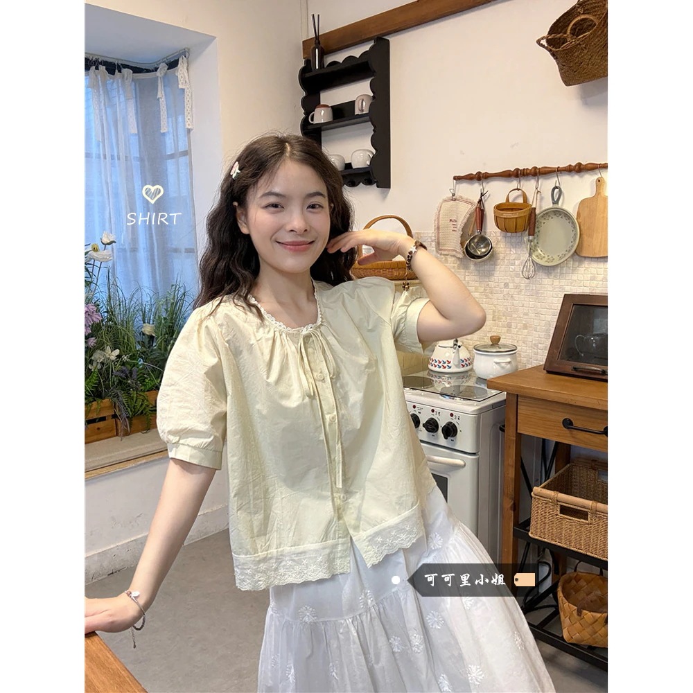 新作Tシャツ 半袖 パフスリーブ 韓国レースレースタイバブルスリーブシャツ女性2025夏新作甘いシックな小さなシャツ
