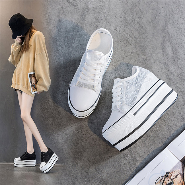 ブラック/ホワイト　レディース スニーカー　総レース　靴 (ヒール10.5cm)　厚底 レディース シューズ　歩きやすい 旅行　外出　スニーカー　夏　カジュアル　スニーカー　ファッション　インヒール