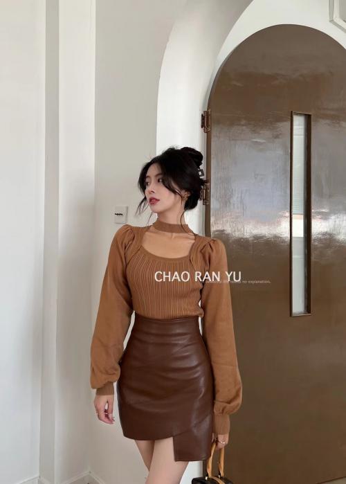 チョーカーネック トップス 韓国 秋冬 暖かい レディース ニット 鎖骨 無地 パフスリーブ スクエアネック シンプル おしゃれ セクシー 長袖 白 ピンク 黒