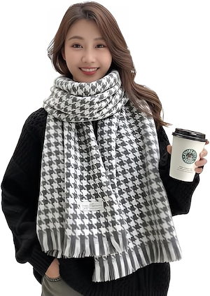 マフラー レディース 大判 千鳥柄 ストール おしゃれ 暖かい 防寒 ショール 羽織り 柔らかい (グレー 特大)