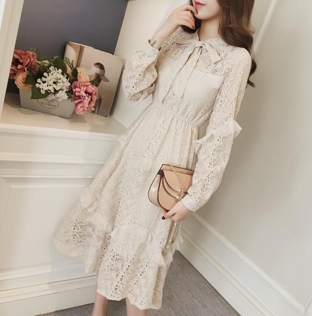 ワンピース成人式二次会韓国ドレス花柄レースボウタイリボンフリlルシースルー秋　冬長袖　ひざ丈ワンピースAラインフレアスカートデートパーティーフォーマルエレガント上品きれいめフェミニンガーリー大人レディ