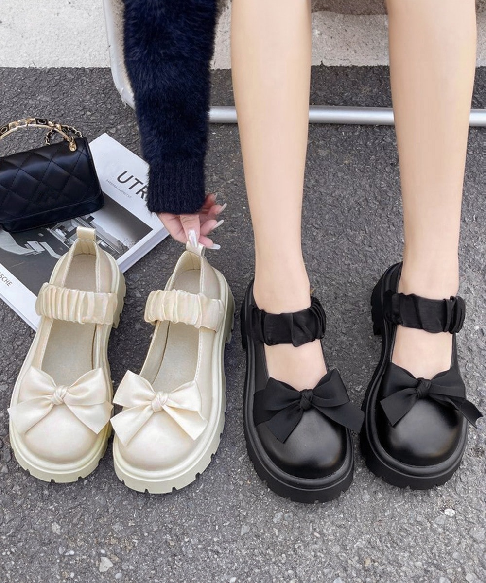 国内即納 リボン厚底ローファーパンプスラウンドトゥ 84TONGT-007