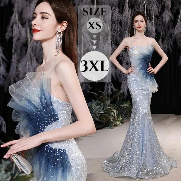 マーメイドライン ロングドレス ドレス 大人 ピアノ 発表会 演奏会 カラードレス 結婚式 袖なし ビスチェライン トレーン アシンメトリードレス パーティードレス 大きいサイズ キラキラ バックレス