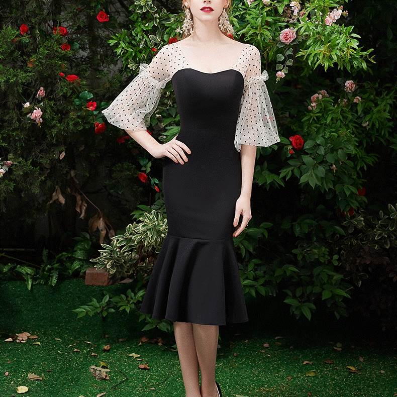 2色 パーティードレス ミモレ丈 膝丈 個性的 袖あり 黒 マーメイド 結婚式 二次会 お呼ばれ ドレス フォーマル 演奏会 ピアノ 発表会 ドレス ワンピース 大人 かっこいい 可愛い タイト レデ 8,330円
