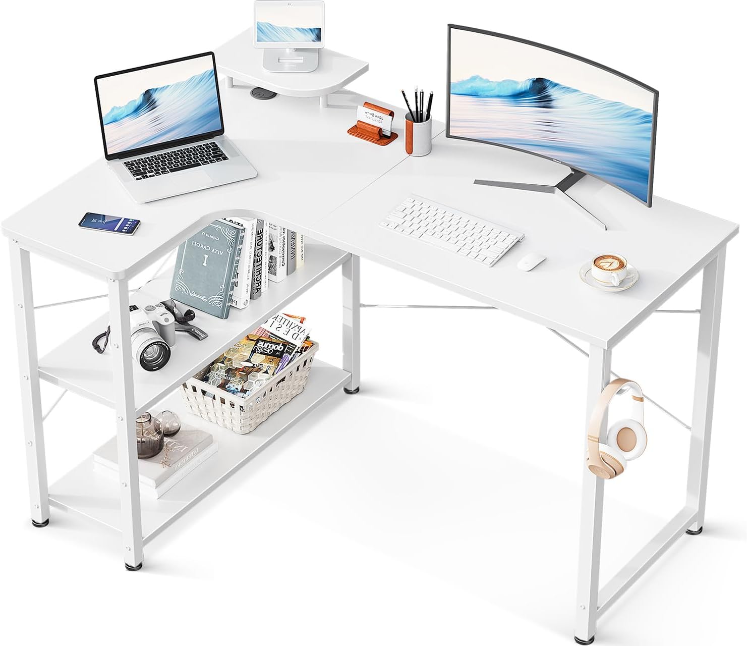 ODK パソコンデスク L字 ゲーミングデスク 幅110 L字デスク pcデスク desk 机 ラック付き 収納 オフィスデスク 在宅勤務 組立簡単 書斎 ホワイト 左棚