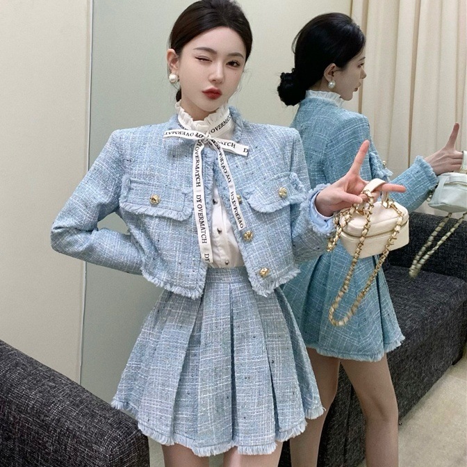 2点セット セットアップ 上下セット ジャケット ノーカラージャケット ショート丈 長袖 前開き デザインボタン ポケット スカート ミニスカート プリーツスカート かわいい 大人可愛い きれいめ