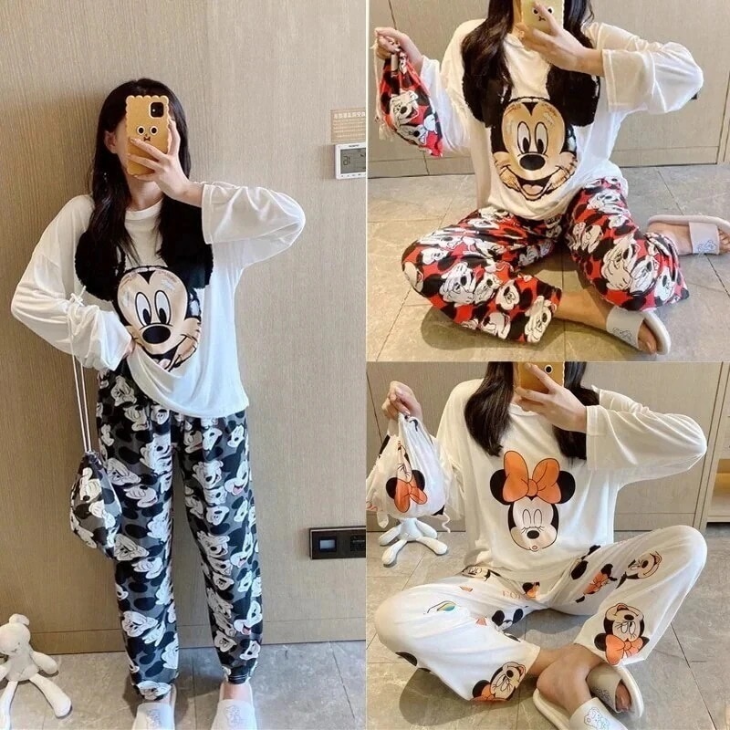 【2個買うと1個無料】女の子のためのパジャマバッグ デイジープリント 長袖 ロングパンツ のパジャマの女性の長袖の布袋カジュアルなのキャラクターのゆったりした部屋着の3点セット