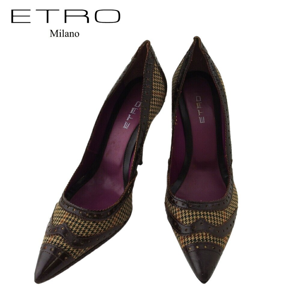 パンプス シューズ 靴 千鳥格子柄 レディース 36 ハイヒール ブラウン ベージュ系 中古