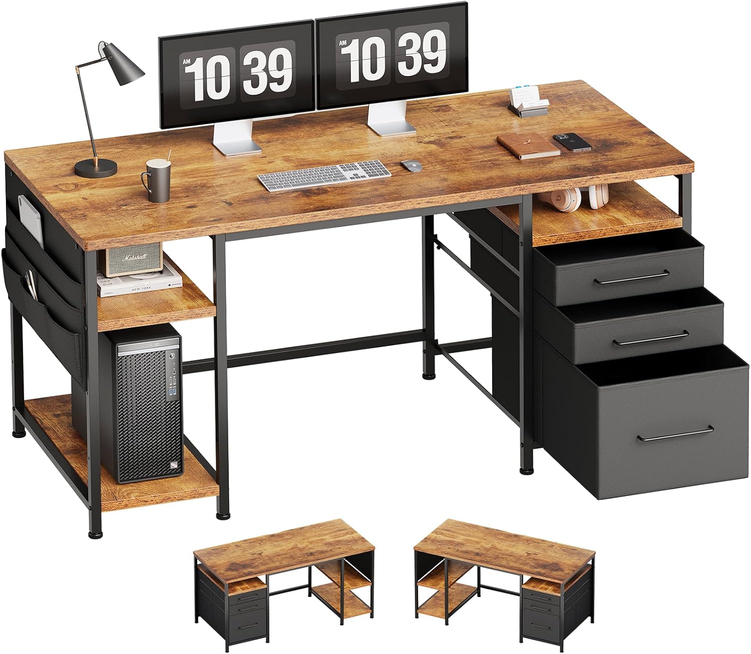 Maihail 机 pcデスク パソコンデスク 幅148cm×奥行50cm 勉強机 学習机 布製引き出し付き ゲーミングデスク オフィスデスク ワークデスク 収納ラック付き ビンテージ