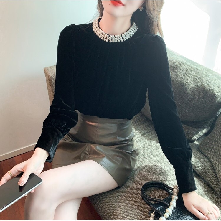 ベロアシャツ ビーズ付き ブラック トップス シャツ ブラウス スリム 細身 ストレート スマート