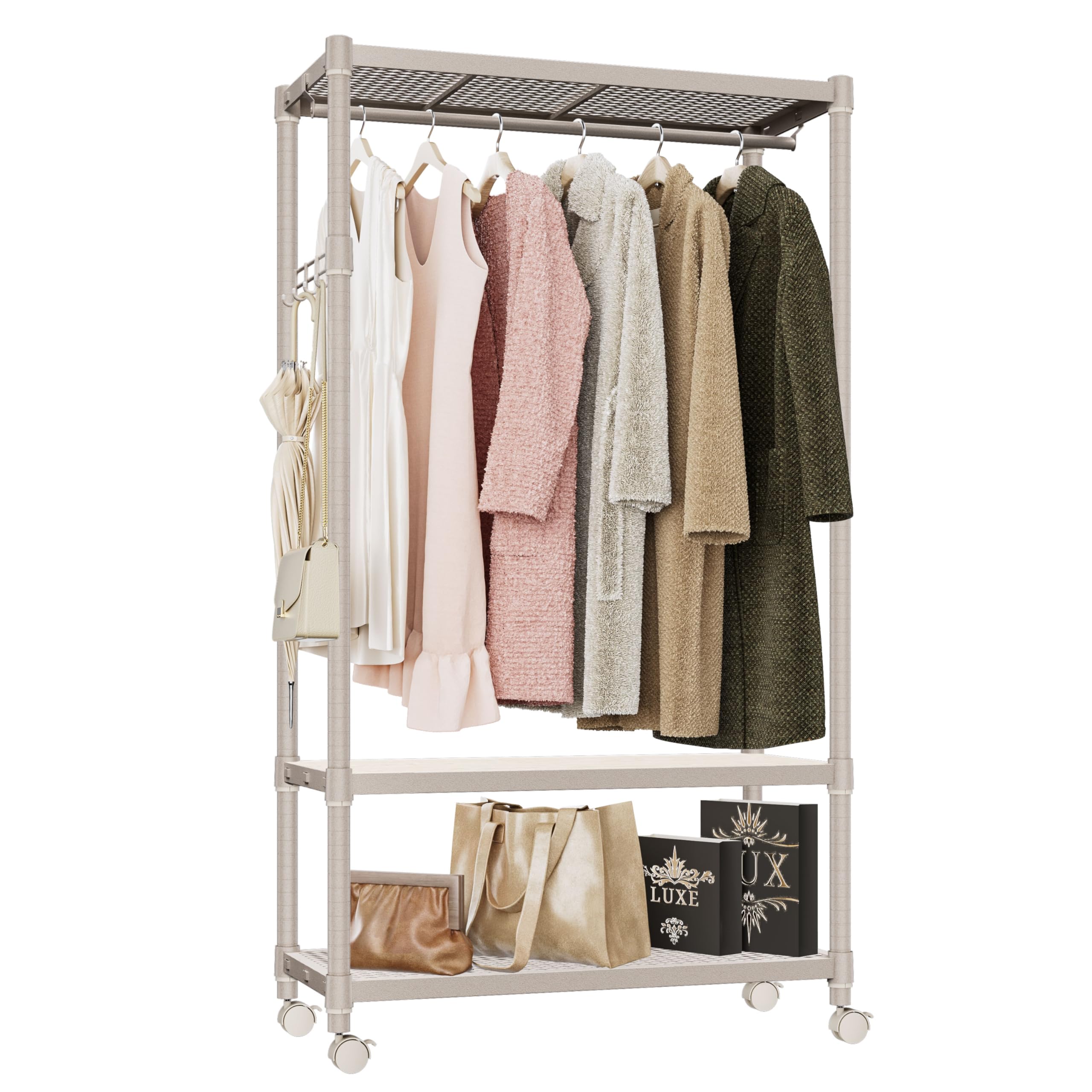 IZEUK ハンガーラック キャスター付き3段 パイプ付き ハンガー 多機能収納 服 棚 工具付属 突っ張りポールハンガー ダブル 高耐荷重 耐久性 頑丈 ワイヤー衣類ラック メタルラック 金属製自立