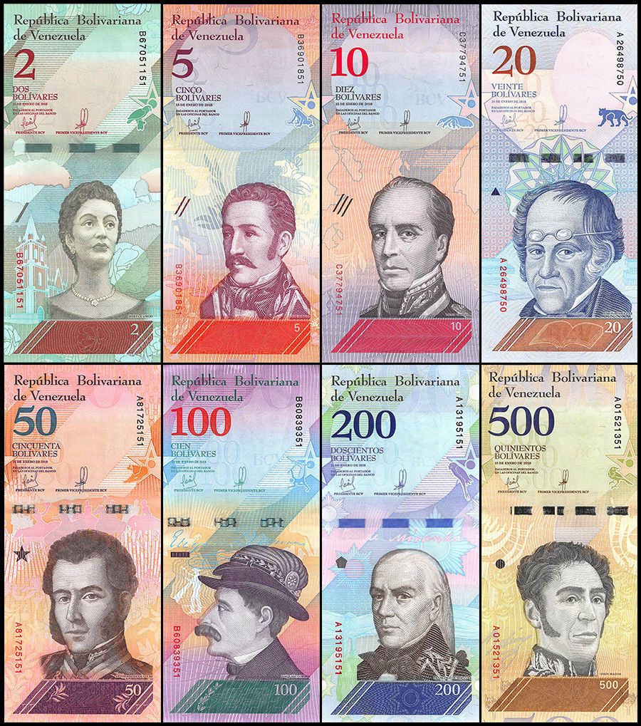 【鑑定書付き】ベネズエラ2 ～500ボリバル.ソベラテ 8枚セット 【未使用】 ピン札 2007～2018年 外国 紙幣 アンティークコレクション インフレーション
