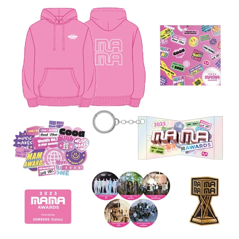 【 フーディー 5点セット 】 2023 MAMA OFFICIAL 公式グッズセット 限定商品 【購入特典付き】 フーディー ハンカチ キーリング バッジ ステッカー 缶バッジ Mnet MAMA