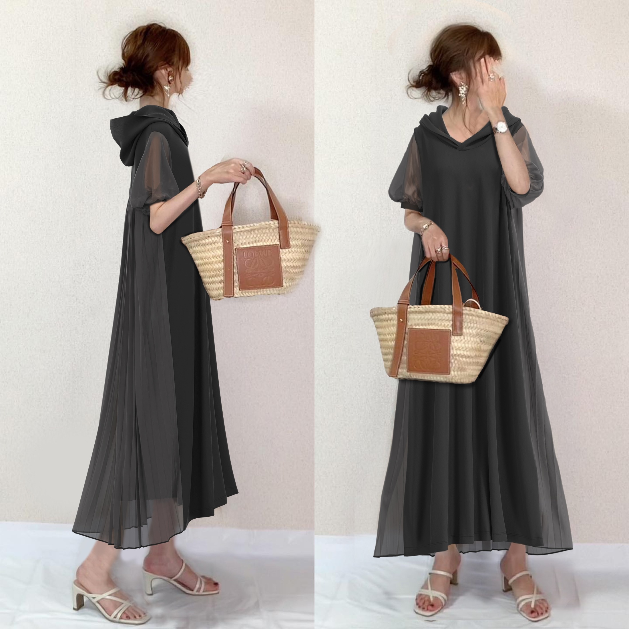 【SNSで話題沸騰】 可愛いデザイン プルオーバー フード付きロングスウェットシャツ パフスリーブドレス ワンピース