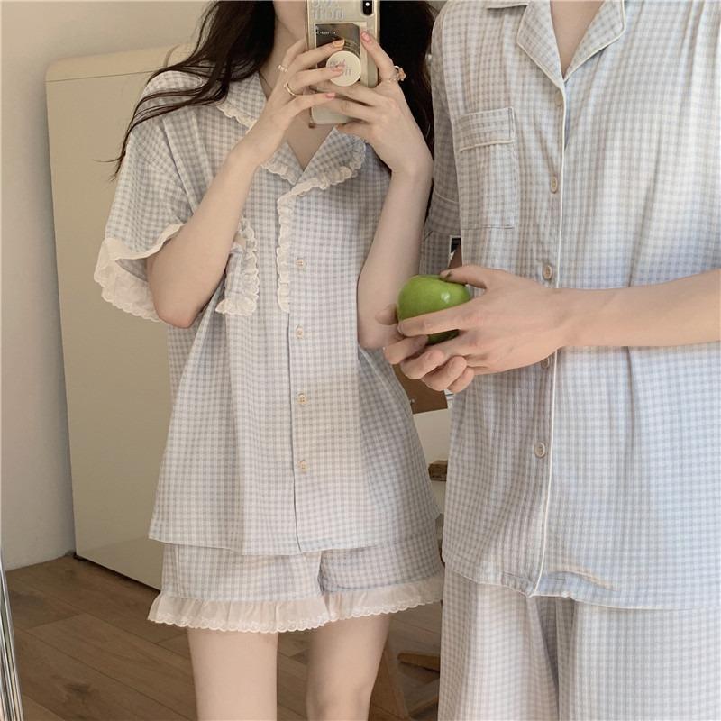 最安値に挑戦 韓国ファッション カップルレースチェック 半袖 パジャマレディースサマー ウェア 部屋着 ゆったり