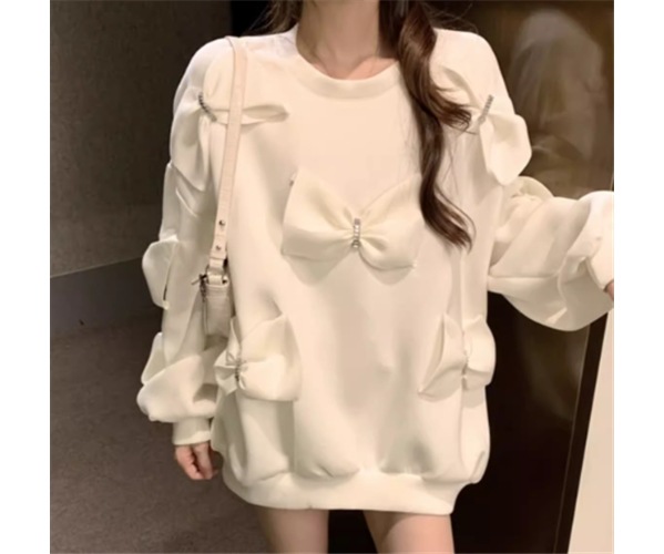 レディース トップス プルオーバー トレーナー スウェット ミドル丈 長袖 ラウンドネック リボン かわいい カジュアル おしゃれ ラフ ガーリー ルーズ 個性的 存在感 ラブリー キュート