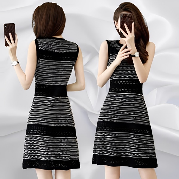 レディース ワンピース ニット サマーニット ドレス 膝下 ミモレ ミドル丈 袖なし ノースリーブ ラウンドネック 襟なし ノーカラー スリム Aライン パフスカート フェミニン リブニット 透け感