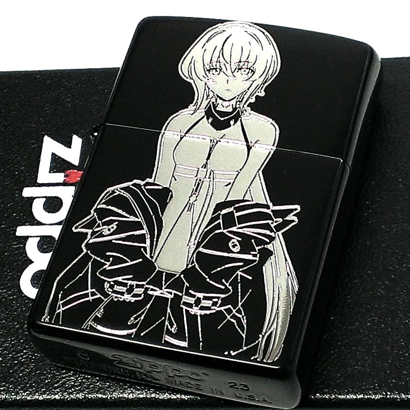 ZIPPOライター アニメ SYNDUALITY Noir ジッポ シンデュアリティ ノワール 両面加工 マットブラック 銀差し 艶消し黒 キャラクター 可愛い メンズ 彫刻 かわいい レディース