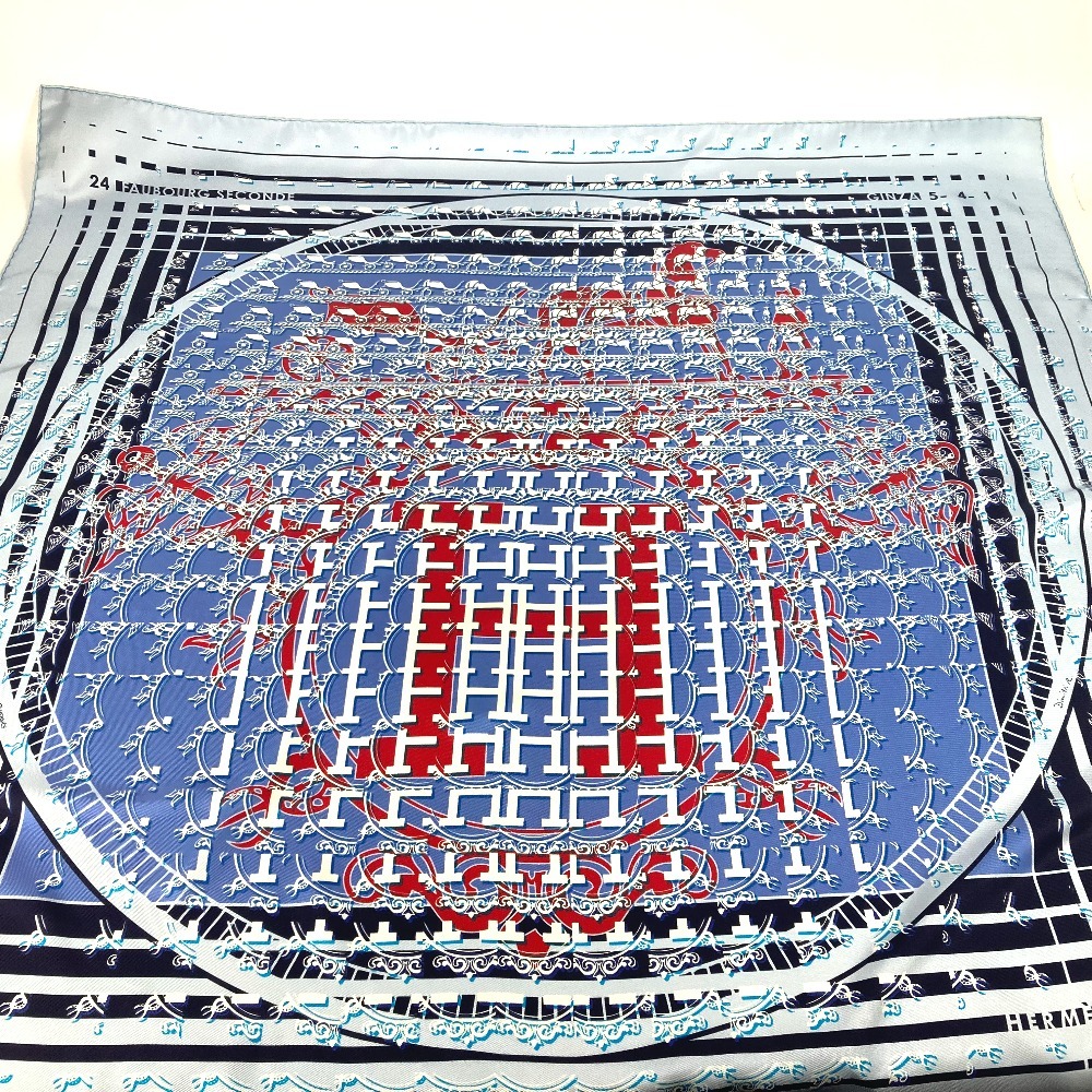 スカーフ カレ90 24 FAUBOURG SECONDE 銀座店10周年記念 シルク ブルー