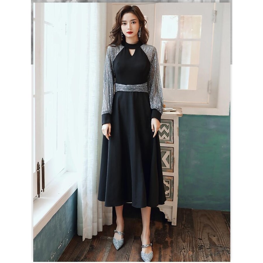 パーティードレス ウエディングドレス aラインワンピース 結婚式 袖あり ミモレ丈ドレス 大きいサイ