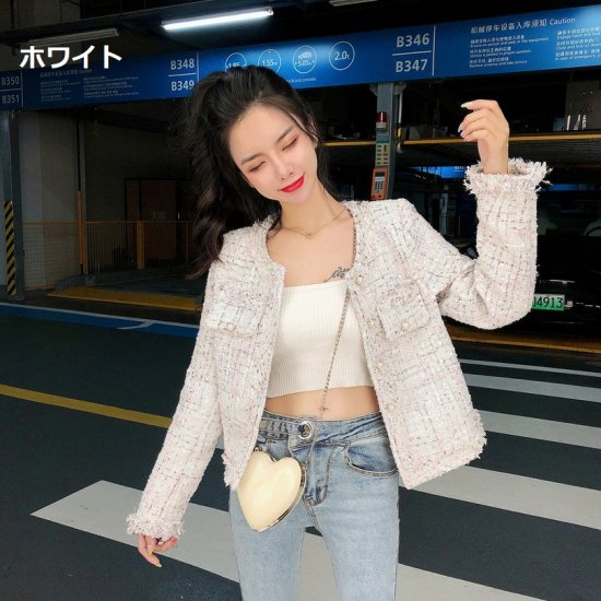 【取寄：納期2週間】ツイードジャケット レディース ノーカラージャケット 羽織 アウター ホワイト 白 ブラック 黒 カジュアル お出掛け きれいめ おしゃれ 長袖 ショート丈 ボタン