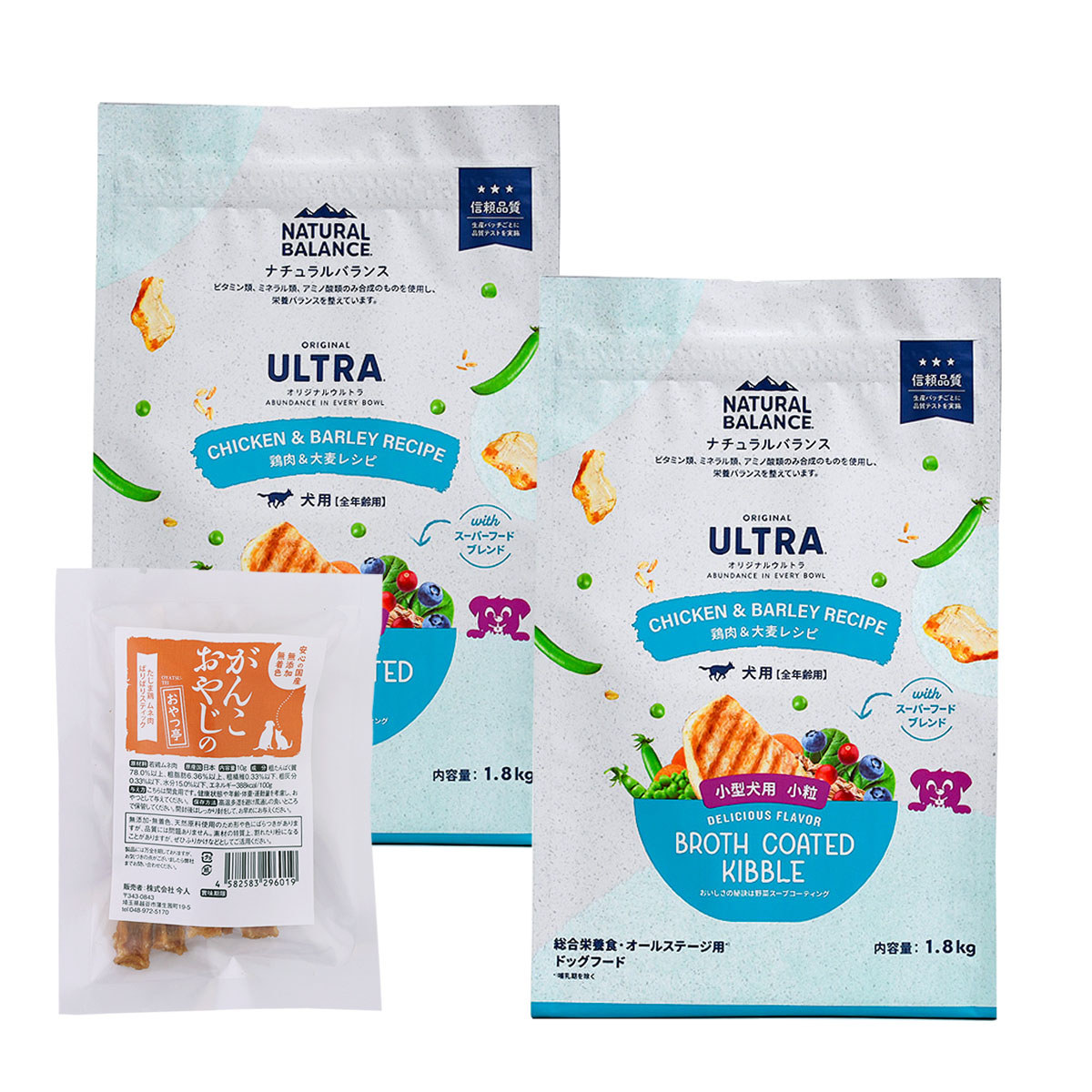 オリジナルウルトラ 犬用 全年齢用 鶏肉&大麦 小粒1.8kg×2袋【国産たじま鶏ジャーキー(小サイズ)付き】