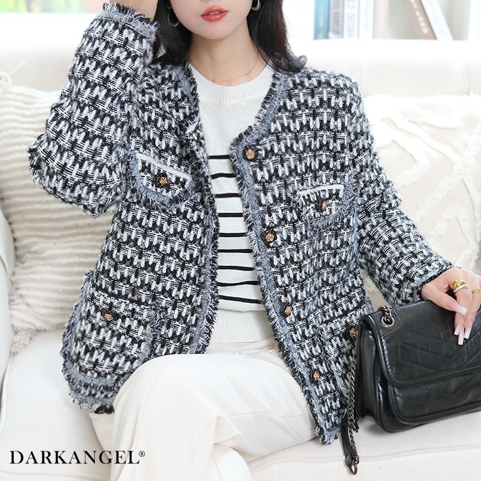 2枚150円OFF！【即納】ツイードジャケット レディース ノーカラージャケット フリンジ ノーカラー 秋冬 新作 通勤 オフィスカジュアル セレモニー レディースノーカラージャケット 秋冬アウタート
