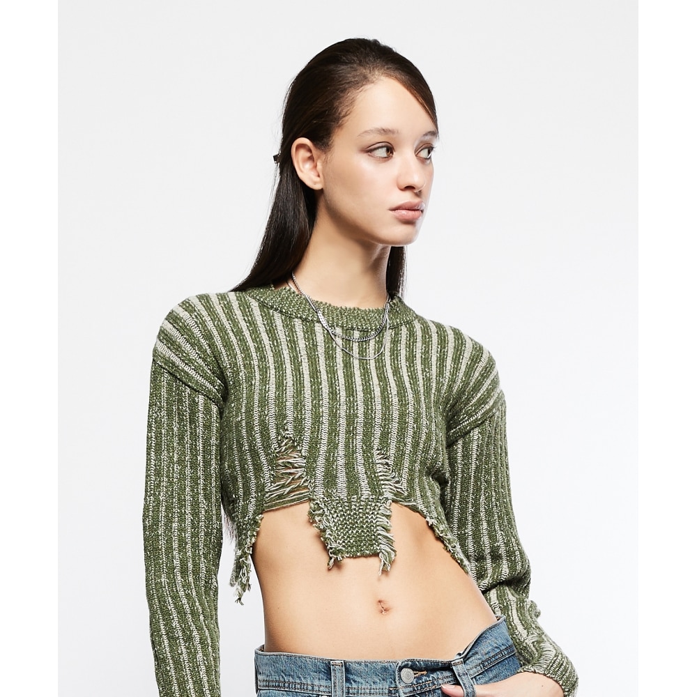 ラティジェント L7 クロップダメージニット (カーキ)