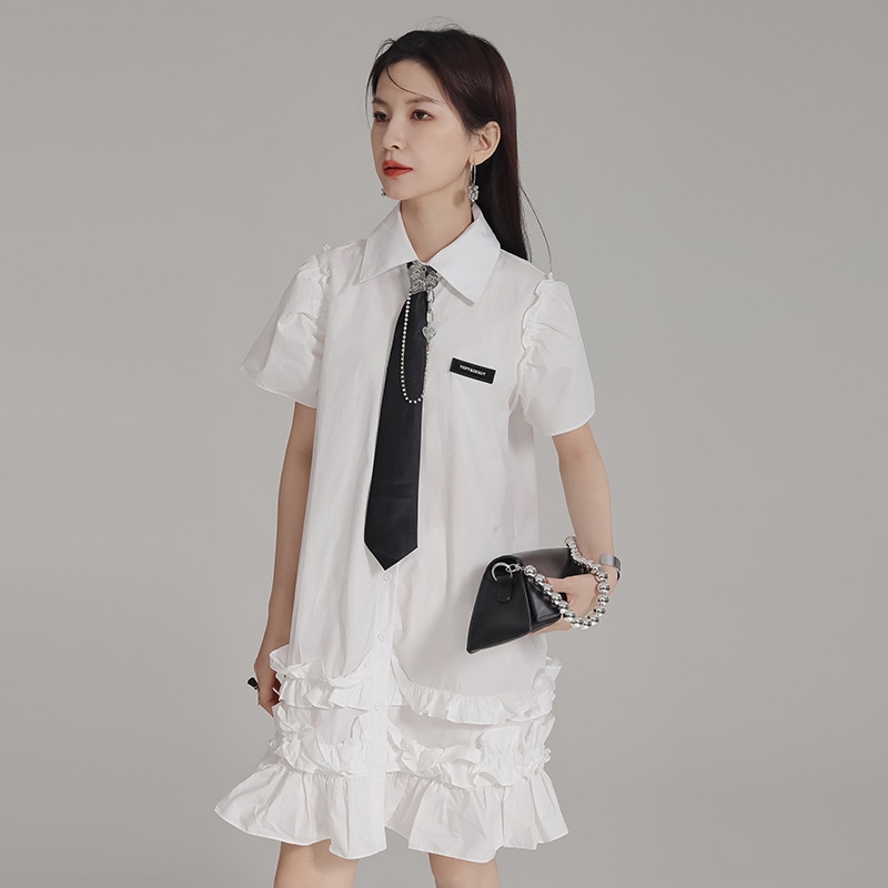 【J.Fashion】 2024夏新品 ショートワンピ 体型カバー チュニック ロンブブラウス フリル ネクタイ付き 関連商品は店で購入可能