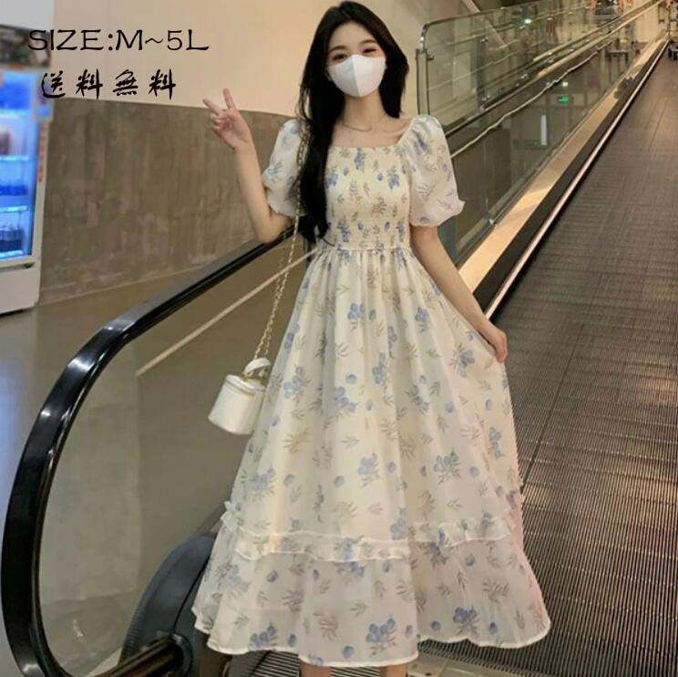 価値ある2Ways ワンピース 大きいサイズ パフスリーブ オフショルダー 花柄 半袖 大人かわいい ぽっちゃり 夏ワンピ 着やせ Aライン M L LL 3L 4L 5L