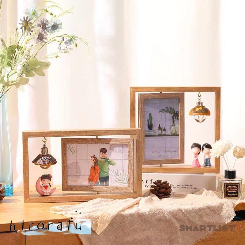 木目のアイデアは両面のフォトフレームを回転させアートは装飾品を置きます 両面 ディスプレイ おしゃれ 写真立て 写真