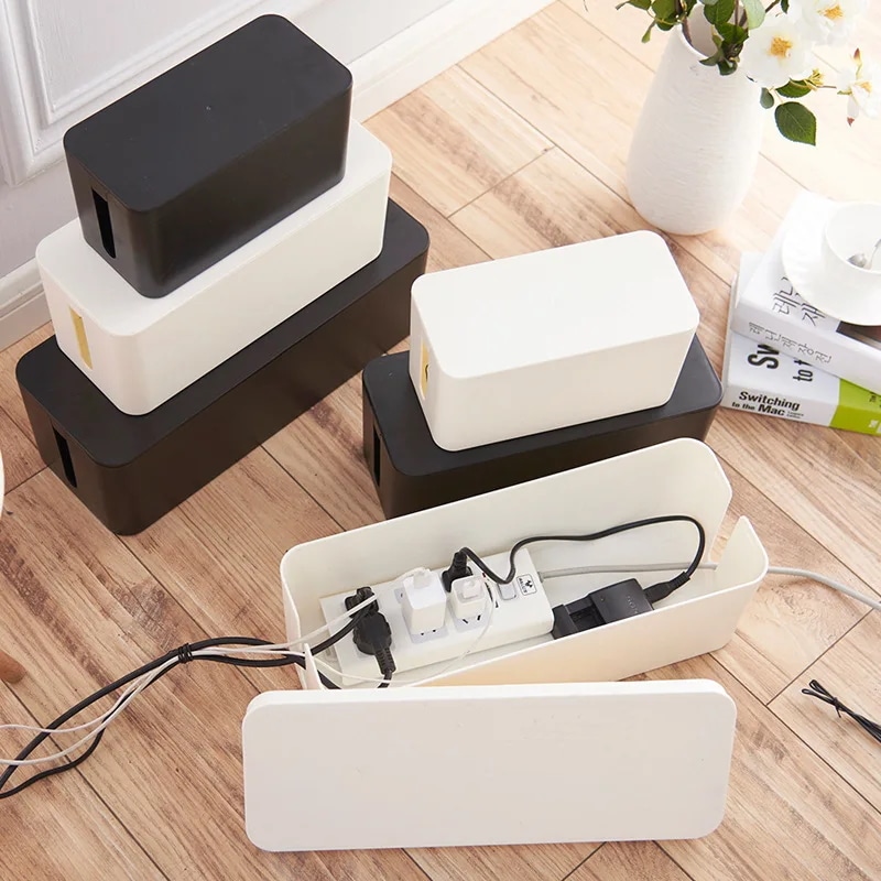 ホームオフィス用ケーブルオーガナイザーボックス 木製蓋付きプラスチック収納ボックス 充電アクセサリー用 ケーブル管理ボックス モダンシンプルスタイル