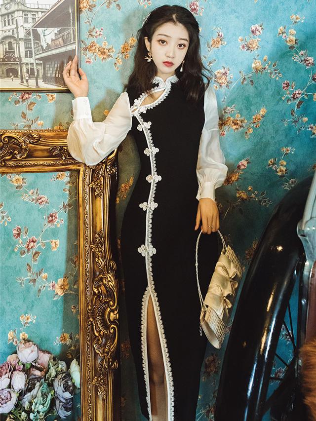 パーティードレス ミモレ丈 黒 タイト チャイナドレス ワンピース ドレス 長袖 バイカラー おしゃれ 個性的 セクシー 結婚式 お呼ばれ ドレス ボリューム袖 ランタンスリーブ モノトーン かっこい