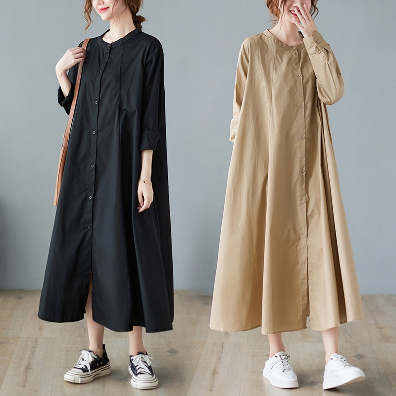 ワンピース シャツワンピース ロング丈 アンクル丈 袖あり 長袖 スタンドカラー フレア ワイド Aライン ポケット 前開き かわいい きれいめ シンプル カジュアル 上品 おしゃれ かっこいい