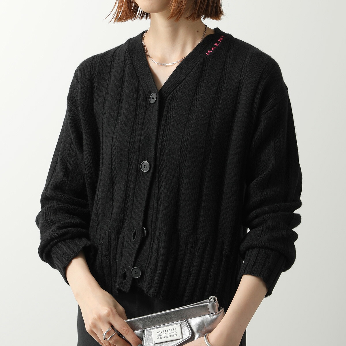MARNI KIDS マルニ キッズ カーディガン M01633 M00VX レディース ガールズ リブ ニット 長袖 Vネック ダメージ加工 ステッチロゴ刺繍 0M900