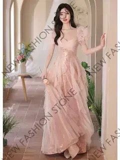 ワンショルダーピンクイブニングドレスキラキラプリンセススカート-63