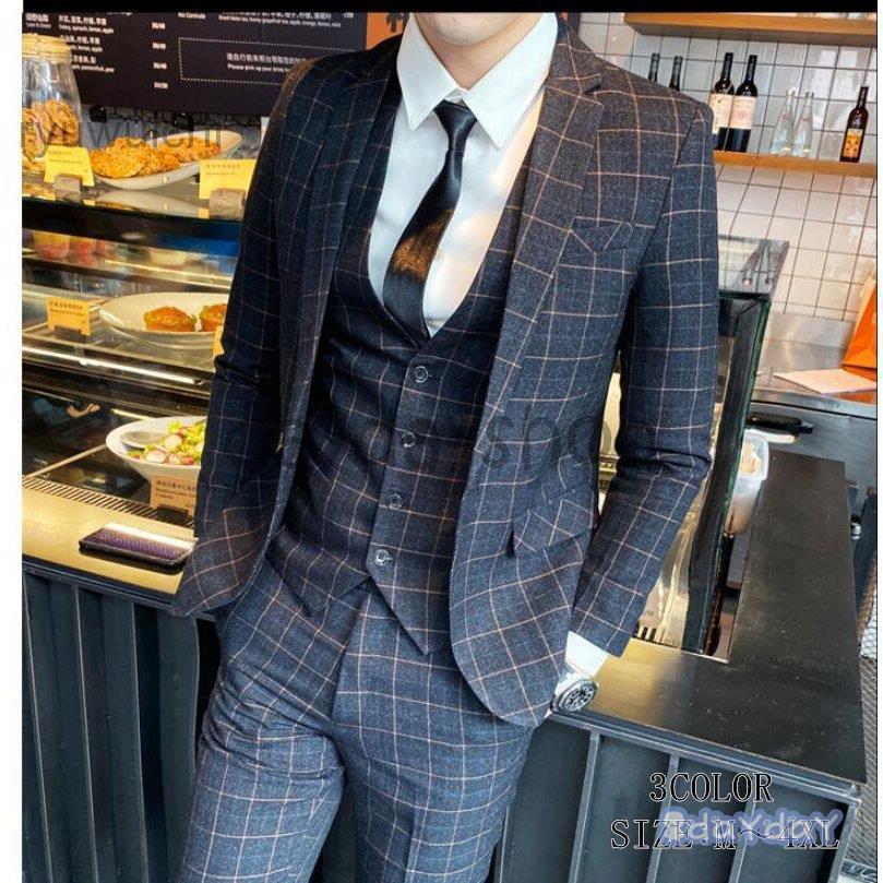 チェック柄 タキシードスーツ 1つボタンスーツ 3ピーススーツ セットアップ フォーマル メンズスーツ 二次会 式 就職活動 ビジネススーツ 結婚式 3color 10,322円