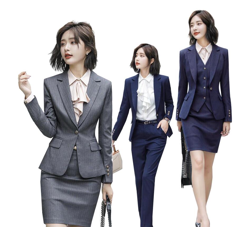 レディース スーツセット パンツセット/スカートセット 20代　30代　40代　ストライプ柄　フレアワイシャツ　フェミニン 事務服 フォーマル 制服OL ビジネス 入学式 卒業式 通勤　スーツジャケッ