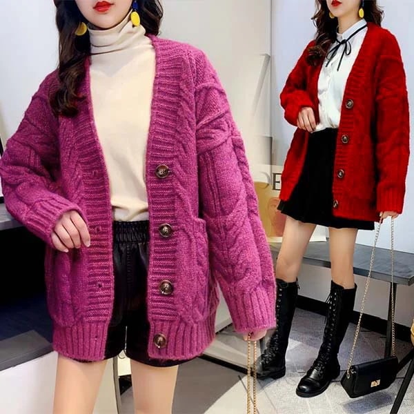 ニット カーディガン 厚手 ざっくりニット 厚手 赤 ざっくり ケーブル編み セーター ローズ レディース ゆったり きれいめ 暖かい 前開き ボタン付き アウター 長袖 おしゃれ かわいい ク