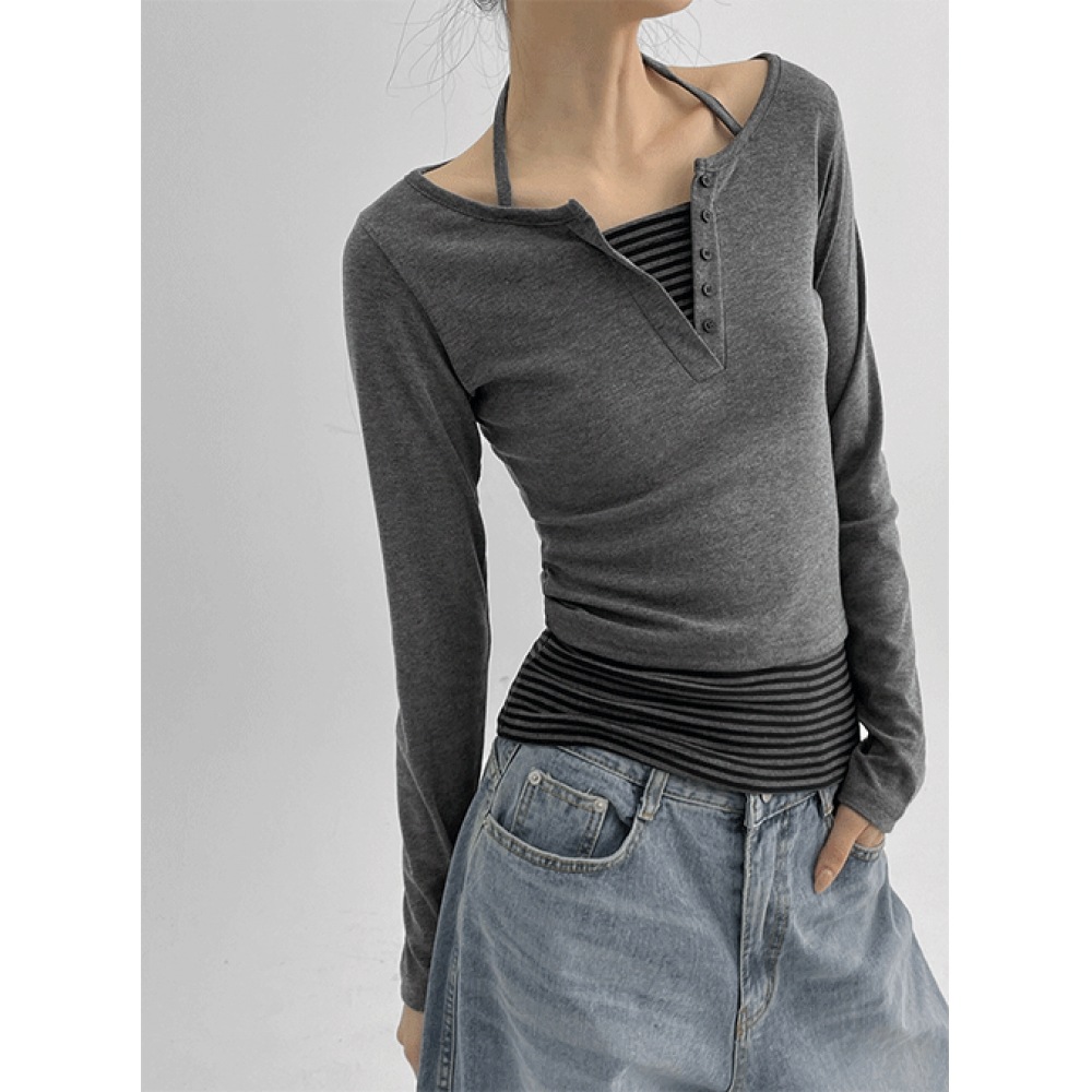 ブラックアップ【春新品】ビニングレイヤードストライプホルターヘンリーネック長袖Tシャツ