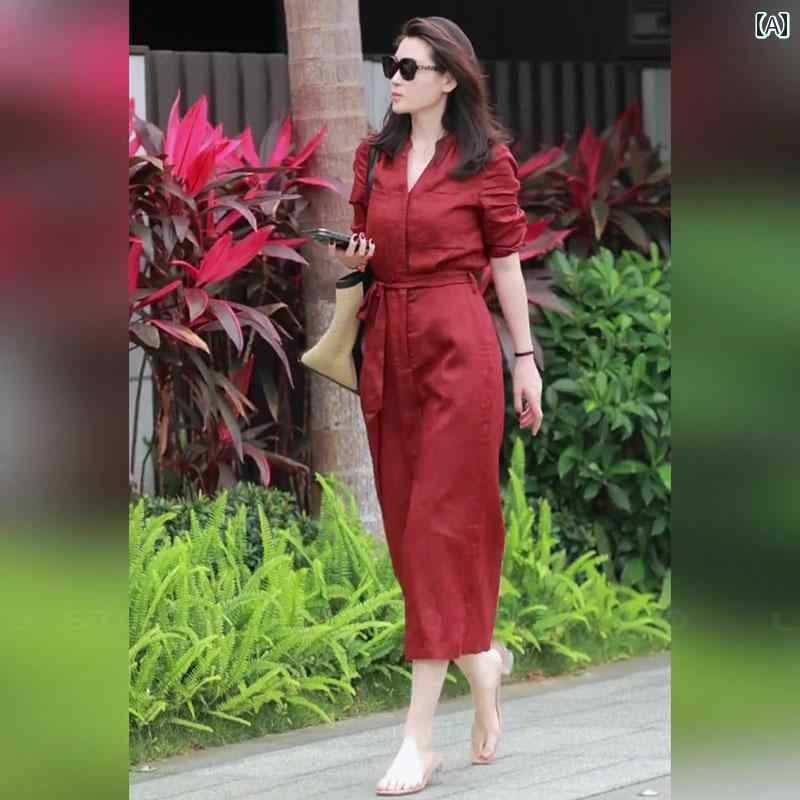 レディース　ドレス　ワンピース 2025 夏 ライト 大人 スタイル バーガンディ レースアップ ウエスト ストレート スリット 通勤 高級 ドレス