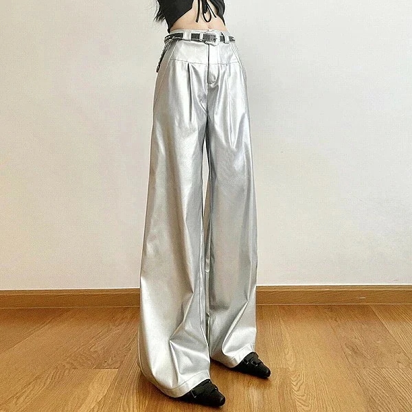 NEW発パンツボトムスハイウェストシルバーパンツストレートレディース