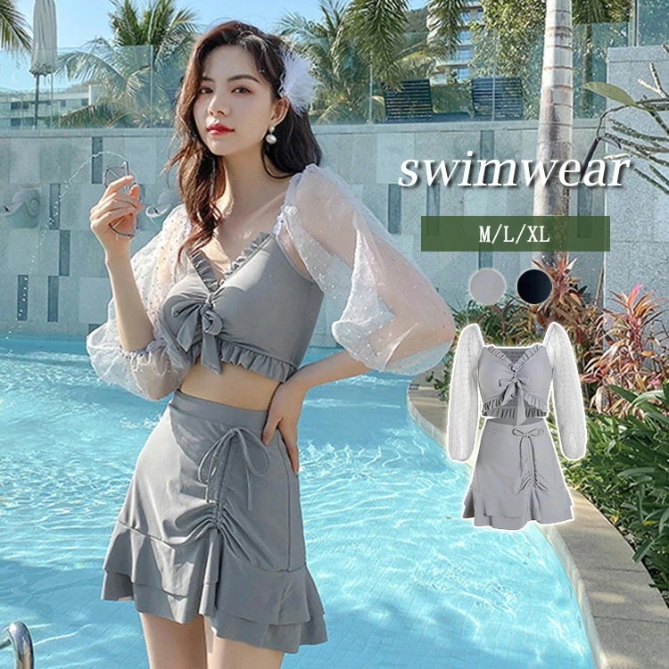 夏の保守的なショー薄いカバー レディース水着 ビキニ 女性用 半袖 袖あり ワンピース水着 スタイルUP プール ウェストカバー 3点セット