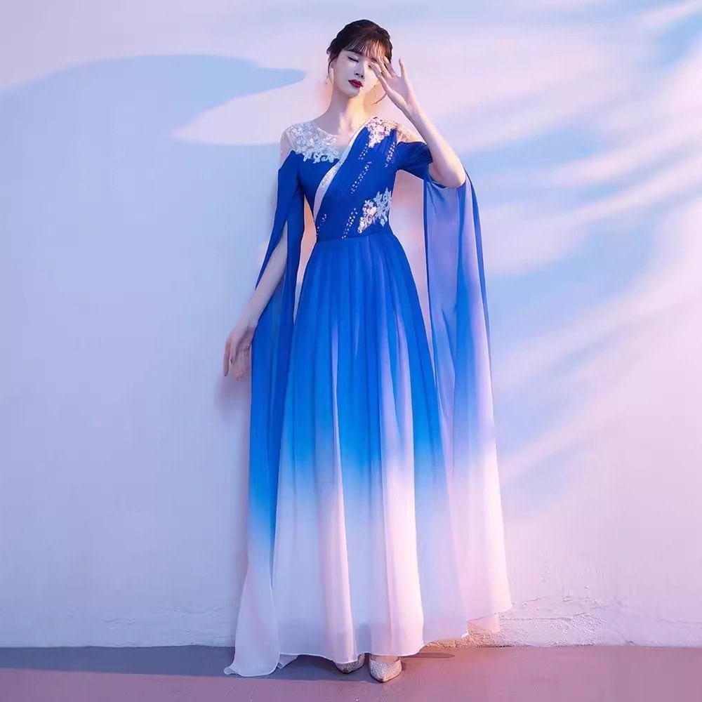 大合唱パフォーマンス服大人婦人服2024新古筝競技ボーカルパフォーマンスブルーグラデーションロングスカート