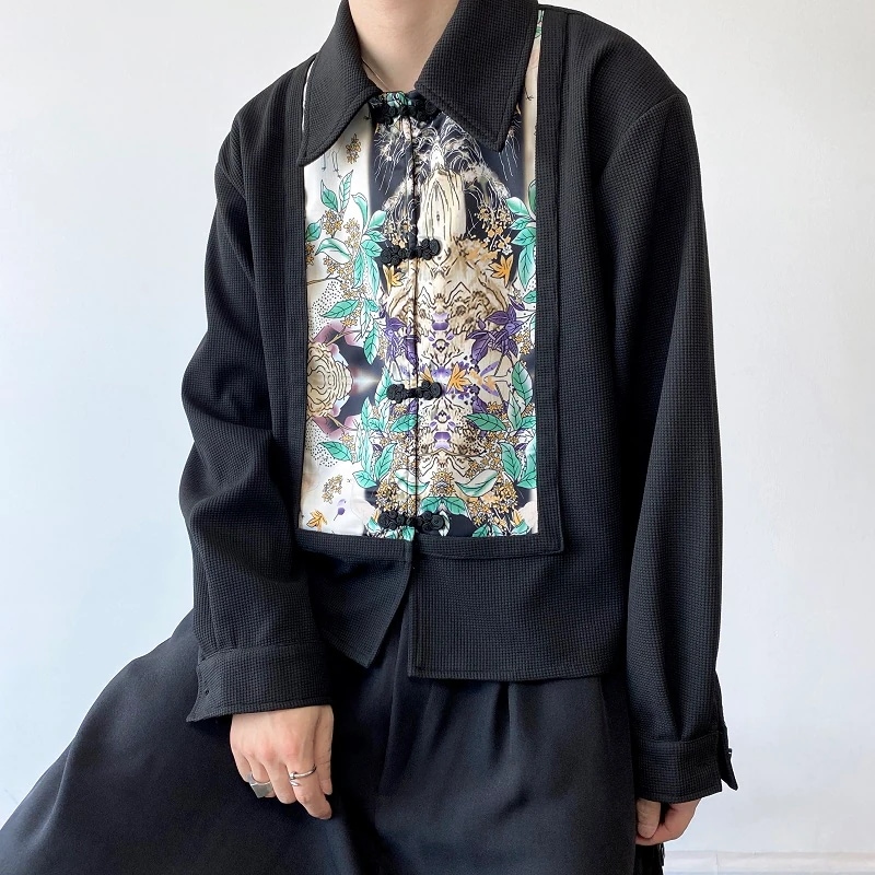 【快速出荷】チャイナ風シャツ 長袖 メンズ シンプル 柄シャツ レディース ブラック 男女兼用 四季通用