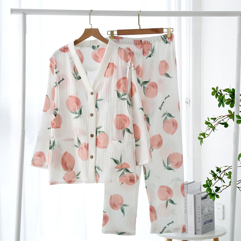 大きいサイズ パジャマ レディース 上下セット 長袖 ルームウェア 前開き 冬 秋冬 暖かい コットン 前開き マタニティ パジャマ 春夏春夏薄金吸汗月子服純綿ガーゼ長袖vネックシャツを着る妊婦パジャ