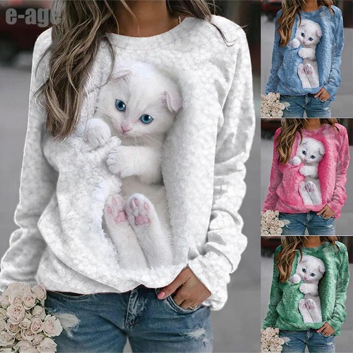 【即納】トレーナー イラスト レディース 3D 猫 可愛い 長袖 スウェット 薄手 ねこ 白 面白 男女兼用 メンズ おもしろ トリックアート